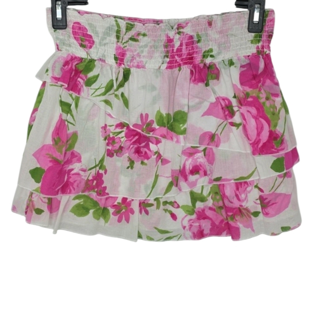 Speechless Women White Mini Skirt with‎ Pink Floral Ruffles Size M